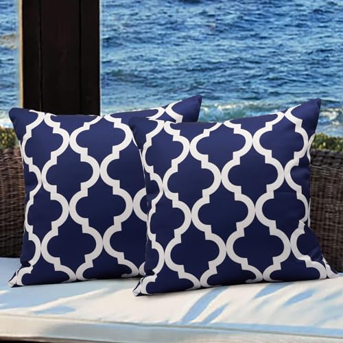 Virexen Pack of 2 Outdoor Waterproof Throw Pillow Covers 18x18 Navy Blue and White Throw Pillow Covers Outdoor Pillows Covers for Patio Furniture Garden Balcony Sunbrella Outside(No Pillow Insert)