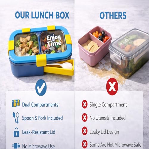Image of Children's Stainless Steel Bento Lunch Box with 2 Compartments Durable Leakproof Reusable Tiffin Container for School, Daycare, Picnic, Travel & Outdoor Activities (BPA-Free Design)