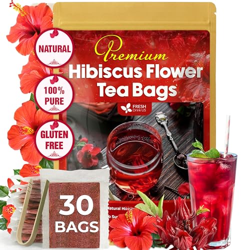 Image of FreshDrinkUS, Premium 30 Hibiscus Flowers Tea Bags, 100% Natural & Pure from Hibiscus Flowers. Loose Flower Herbal Tea. No Sugar, No Caffeine, No Gluten, Vegan.
