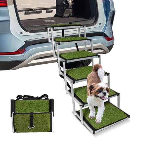 Aluminum Foldable Dog Car Ramps,Dog Ramp for Large Dogs with 6 Steps, Portable Grass Padded Steps Dog Stair with Non-Slip Surface for Car SUV Trucks, Supports up to 150 lbs