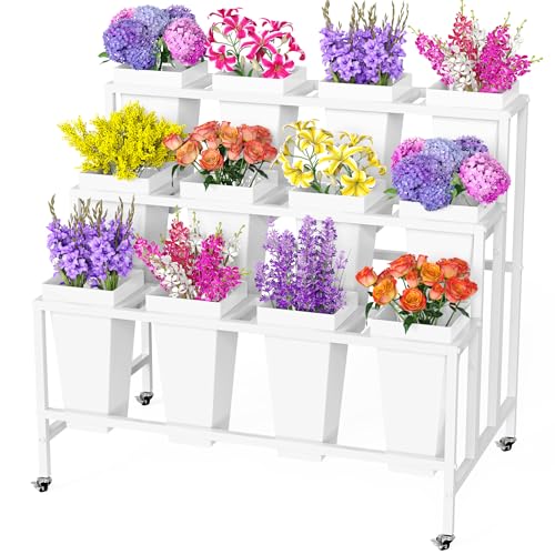 Putros Flower Display Stand with 12 Buckets White 3 Layers Metal Floral Cart with Wheels Moving Florist Bouquet Bar Plant Shelf for Indoor Outdoor Patio Garden Party Decor