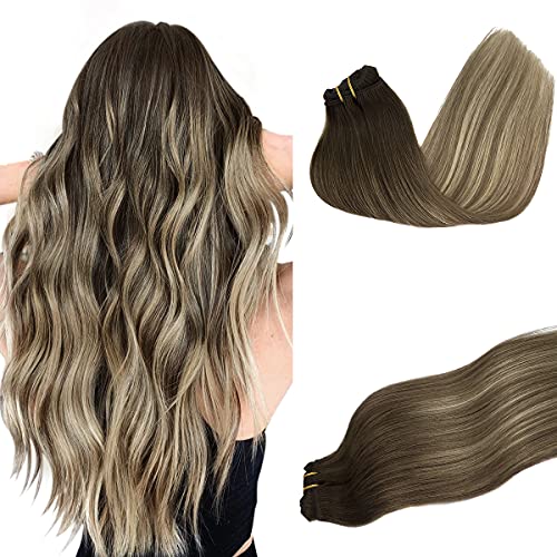 DOORES Human Hair Extensions Clip in Balayage Walnut Brown to Ash Brown and Bleach Blonde 120g 7pcs 18 Inch Clip in Remy Hair Extensions Real Natural Hair Extensions Straight