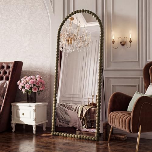 Image of Vintage Full Length Mirror with Stand, 71x28 Inch Arched Beaded Full Body Mirrors, Large Floor Mirror Standing Mirror Full Length Wall Mounted Decor for Bedroom Living Room Cloakroom, PU Frame, Bronze