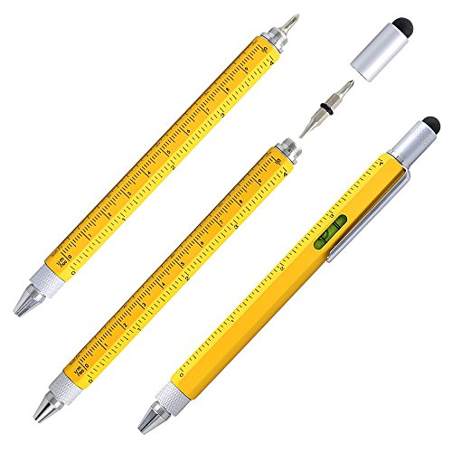 Pshine Multi-Tool 6 in 1 Pen with Ruler, Levelgauge, Ballpoint Pen, Stylus Fit for Mens Gift(Yellow)