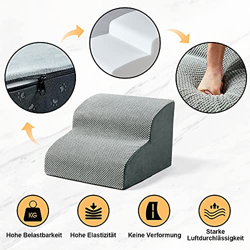 A.FATI Hundetreppe für Kleine Hunde | 2 Stufen Hunderampe aus hochdichtem Schaumstoff für Couch|Sofa, rutschfeste Haustiertreppe 30cm Hoch - mit Hundespielzeug Seil (grau)