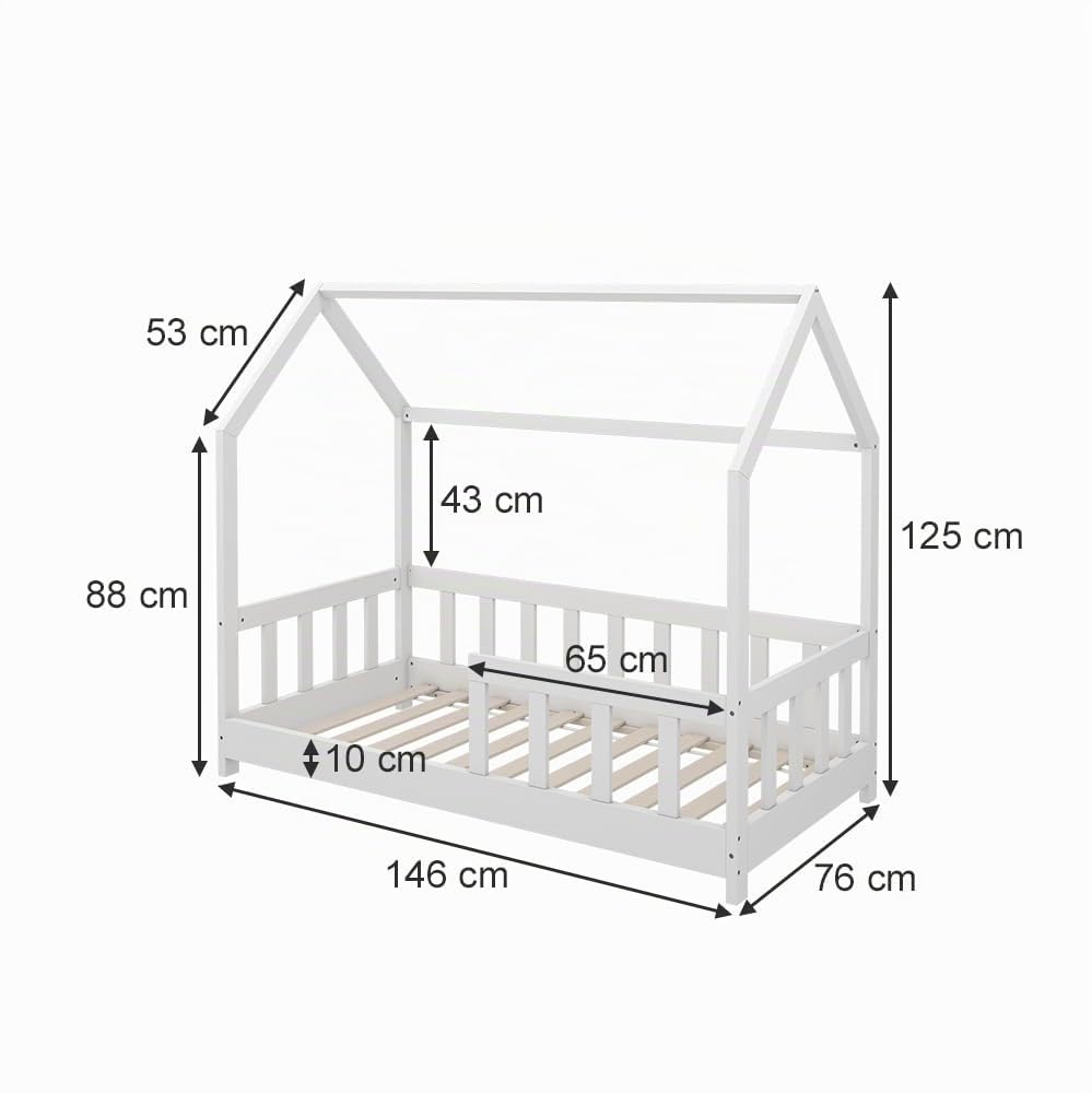 VitaliSpa Cama en Forma de casa Michelle, Blanco, 70x140 cm | con protección anticaída, apto para colchones de 70x140 cm, combinable con accesorios