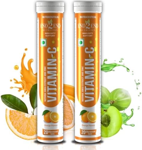 End2End Nutrition Natural Amla Extract Vitamin C with Zinc for Immunity, Skin Care, Antioxidants & Energy Boost | Orange Flavour - (Pack of 2) 40 Effervescent Tablets