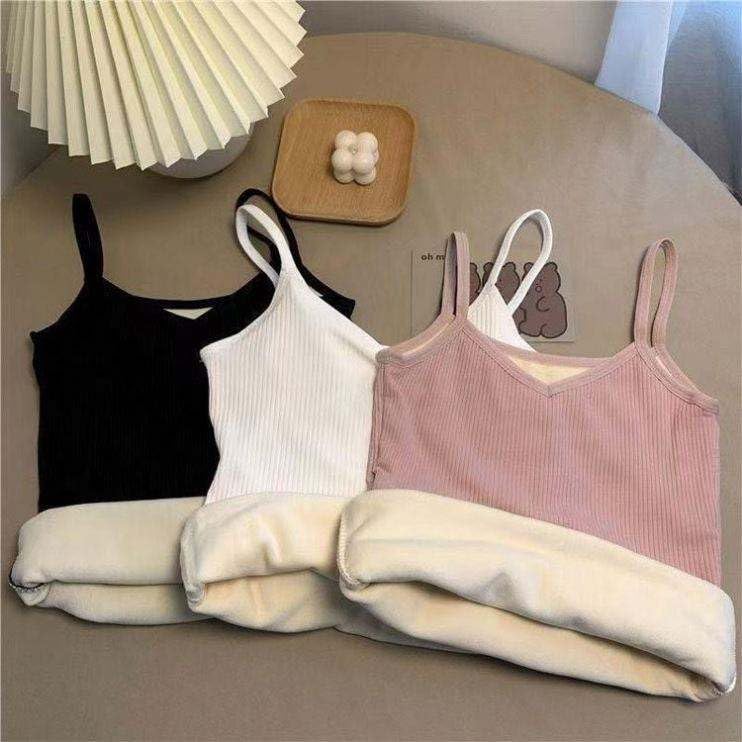 Image of Women's Thermal Fleece-Lined Ribbed Camisole Tank Top -School Girls Adjustable Spaghetti Strap Undershirt, Winter Warm Base Layer Cami, Soft Stretch Sleeveless Top