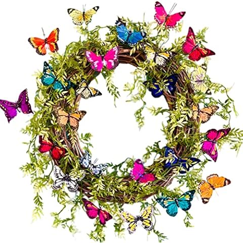 SLDHFE Artificial Spring Wreath with Fake Butterflies, 15.75inch Butterfly Wreath Front Door Wreath Spring Wreath Spring Wreath for Indoor Outdoor Farmhouse Wall Holiday Decor, Green Cover