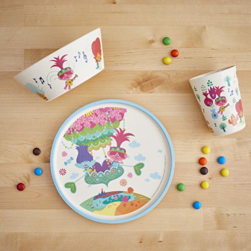 Image of Zak Designs DreamWorks Trolls World Tour Dinnerware Set for Kids Includes 8 inch Plate, 6 inch Bowl, and 10oz Tumbler, Durable and Sustainable Melamine Bamboo Material