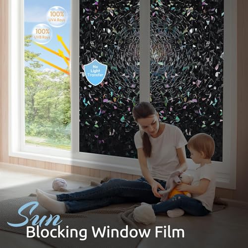 Image of rabbitgoo Rainbow Window Privacy Film, Stained Cling, Black, 23.6 inch x 118.1 inch | Decorative Static Sticker, Non-Adhesive Reusable Window Tint, Heat Control UV Blocking Coverings for Home Doors, Living Room