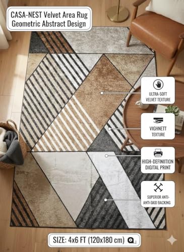 Image of CASA-NEST Abstract Velvet Area Rug (4x6 ft), Non-Skid Backing, Contemporary Multi-Pattern Floor Carpet for Living Room - Tan Striped Patchwork