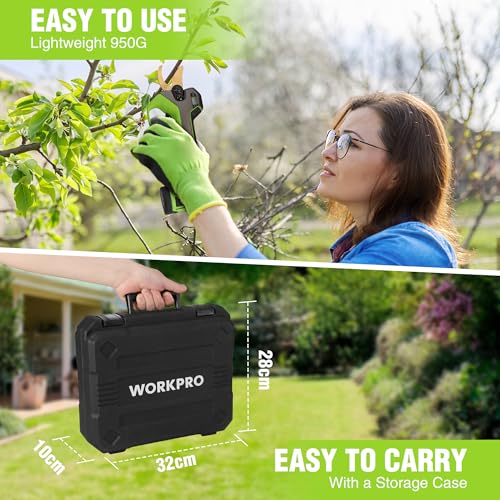 WORKPRO 12V Cordless Electric Pruning Shears, 2PCS 2.0Ah Batteries, SK5 Blades, 25mm Cut, LCD Screen - Image 3