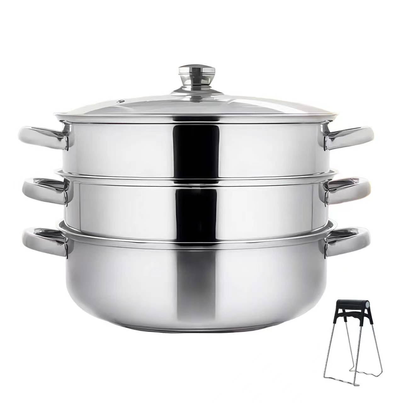 Cuiseur vapeur en acier inoxydable de 28 cm avec 3 inserts vapeur, couvercle en verre et pince à vapeur, pour tous les types de feux, pour la cuisson des légumes, des fruits de mer, des soupes, des