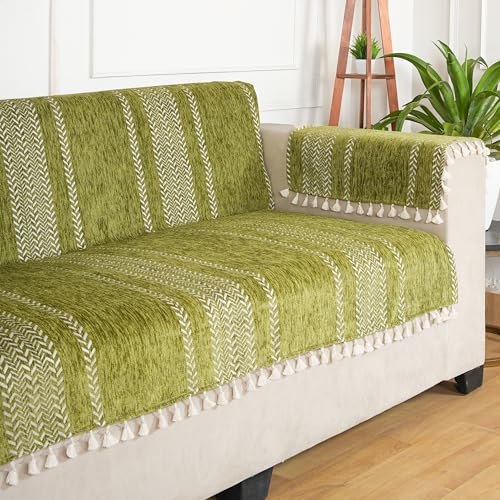 STITCHNEST Chenille Printed Sofa Cover 1 Seater with 2 Hand Rest Covers – Washable Green Sofa Cover with Tassels – Durable Premium Fabric – Stylish Sofa Protector for Living Room & Furniture Decor