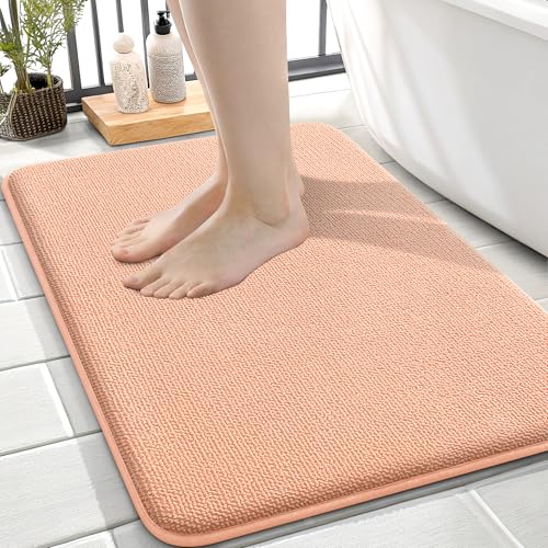 Image of OLANLY Thick Memory Foam Small Bathroom Rugs 24x16, Extra Soft Absorbent Bathroom Mat, Quick Dry Bath Mat, Non-Slip, Machine Washable Carpet for Bathroom, Tub and Shower, Home Decor Accessories, Peach