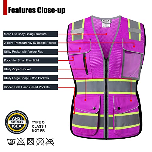 Hataunki High Visibility Reflection Purple Mesh Safety Vests With 9 Pockets And Front Zipper, Hi Vis Safety Vest For Women, Meets Ansi/Isea Standards(Purple-16,Large) #TOP2