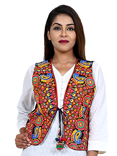Image of Craft Trade Women's Cotton Embroidered Kutchi Jacket with Tassels Sleeveless Mirror Work
