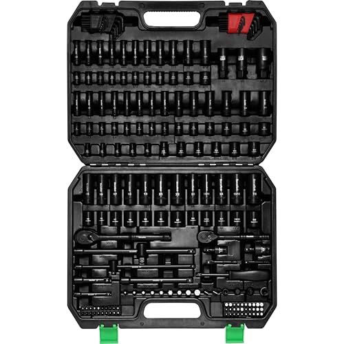 Image of TecoTek 1 /4 inch & 3 /8 inch Dr. Impact Socket Set, 189 Piece Socket Wrench Set Mechanic Tools, Metric and SAE Full Set, CR-V, Deep & Shallow Socket with Ratchet Handle, Spark Plug Socket, Bits for Mechanic