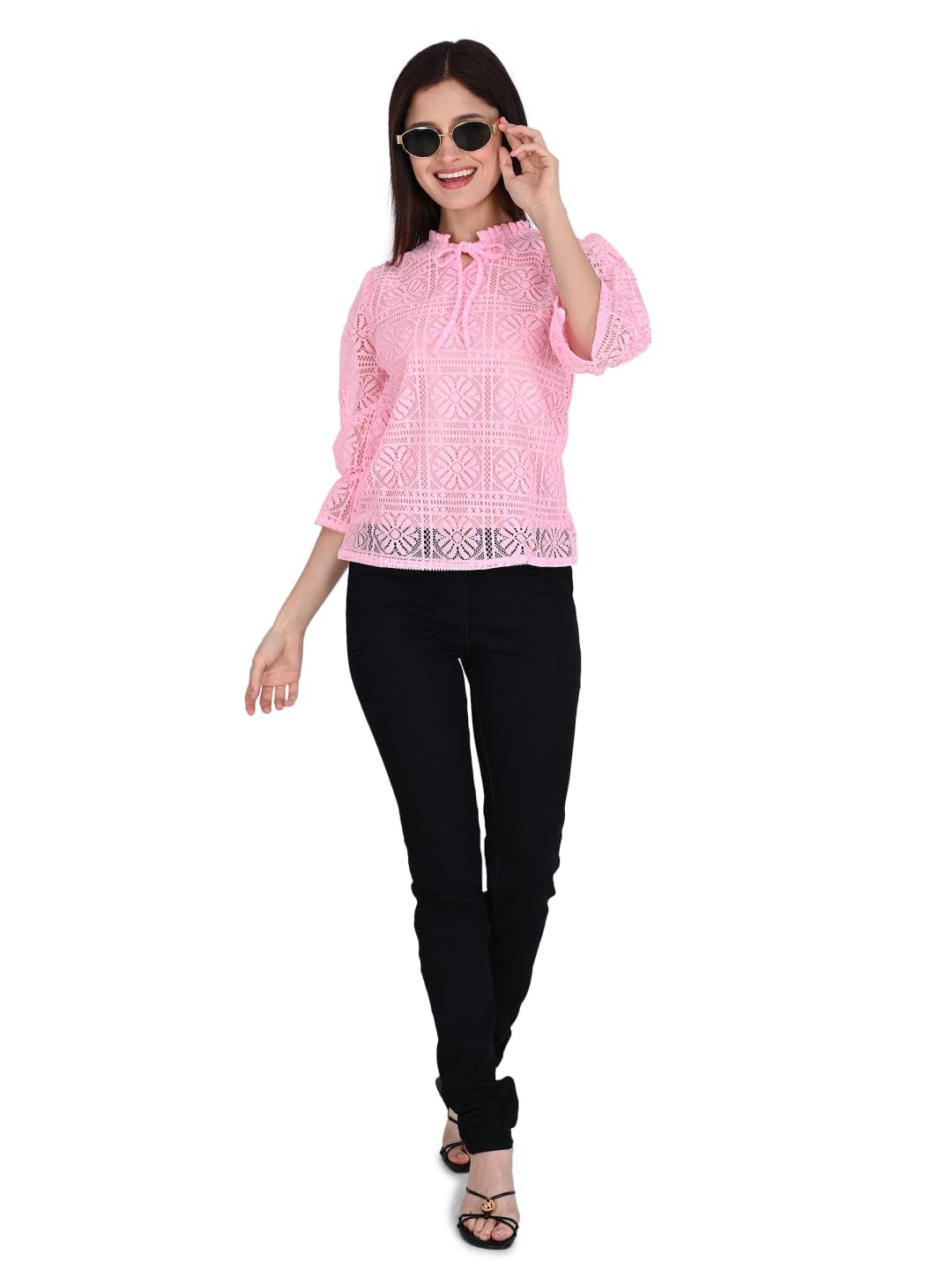 ORIEX THE ORIGINAL FASHION ORX-Girls tie up Neck Long Bishop Sleeves Knitted net top-141 (in, Age, 13 Years, 14 Years, Regular, Pink) - Image 6 thumbnail