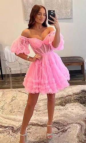 Tulle Homecoming Dresses 2024 Puffy Sleeves Layered Short Dresses Formal Cocktail Party Gowns3