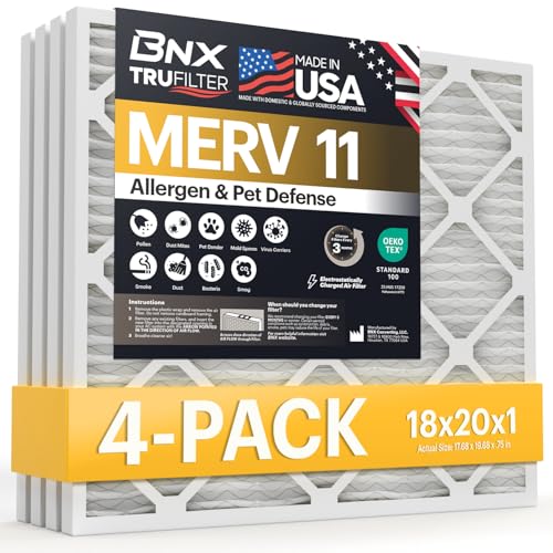 Image of BNX TruFilter 18x20x1 Air Filter MERV 11 (4-Pack) - MADE IN USA - Allergen Defense Electrostatic Pleated Air Conditioner HVAC AC Furnace Filters for Allergies, Dust, Pet, Smoke, Allergy MPR 1200 FPR 7