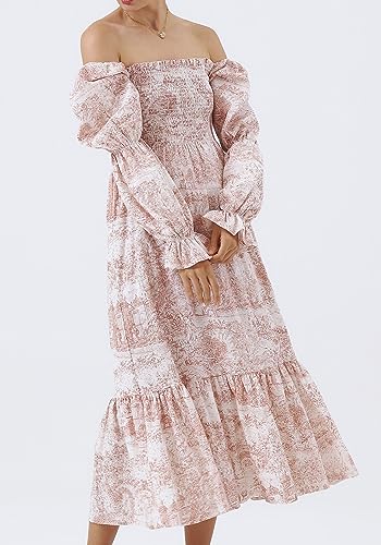 Image of NOTHING FITS BUT Women Linen Cotton Dress, Floral Pattern Yuki Gown, Women Casual Dress, Off Shoulder Frock