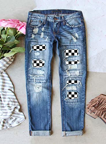 Astylish Womens Soccer Patchwork Destroyed Stretch Loose Boyfriend Jeans Classic Ripped Hole Denim Pants Blue X-Large2
