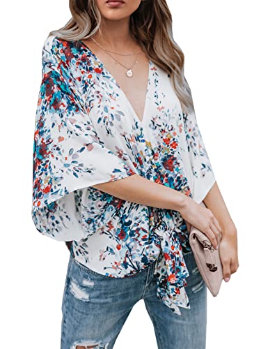Womens Floral Blouses Tie Front V Neck Loose Fit Summer Blouses Short Sleeve Shirt S Blue #TOP1
