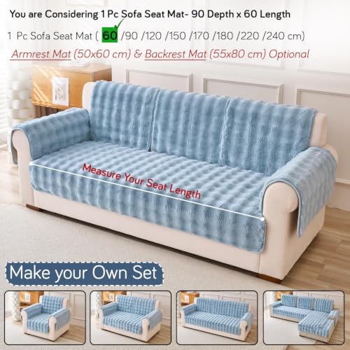 Image of HOKIPO 'FurHug' Premium Faux Fur Rabbit Sofa Cover Mats for L Shape and 1 /2 /3 Seater Sofa. Make Your Own Sofa Cover Set, Mat Length 90(D) x 60(L) cm, Charm Blue (NEW2-AR-5010-BL)