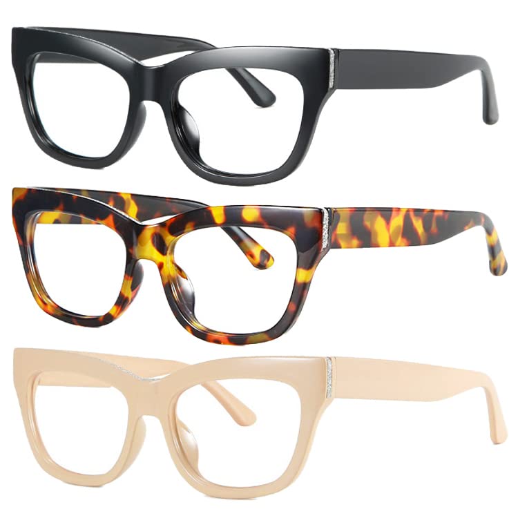 Image of 3Pack Bling Square Cateye Reading Glasses For Women Men Spring Hinges Blue Light Blocking Computer Readers (black /leoaprd /champagne, 2.5, multiplier x)