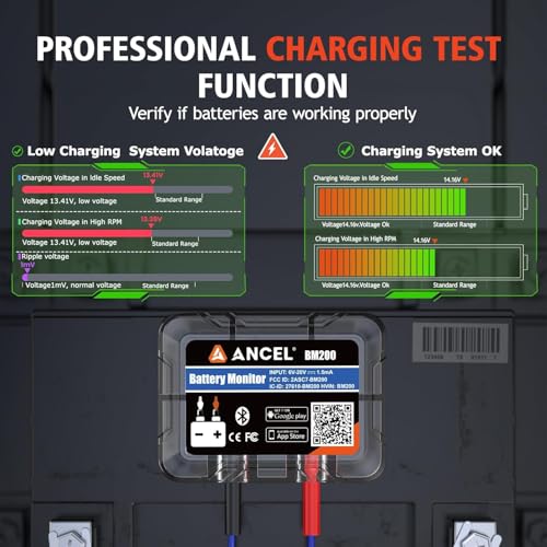 Image of ANCEL BM200 Blue-US Battery Monitor 12V Automotive Bluetooth Auto Battery Load Tester with Cranking Charging Test Alarm Record Voltage History Voltmeter for Car (Blue Version)