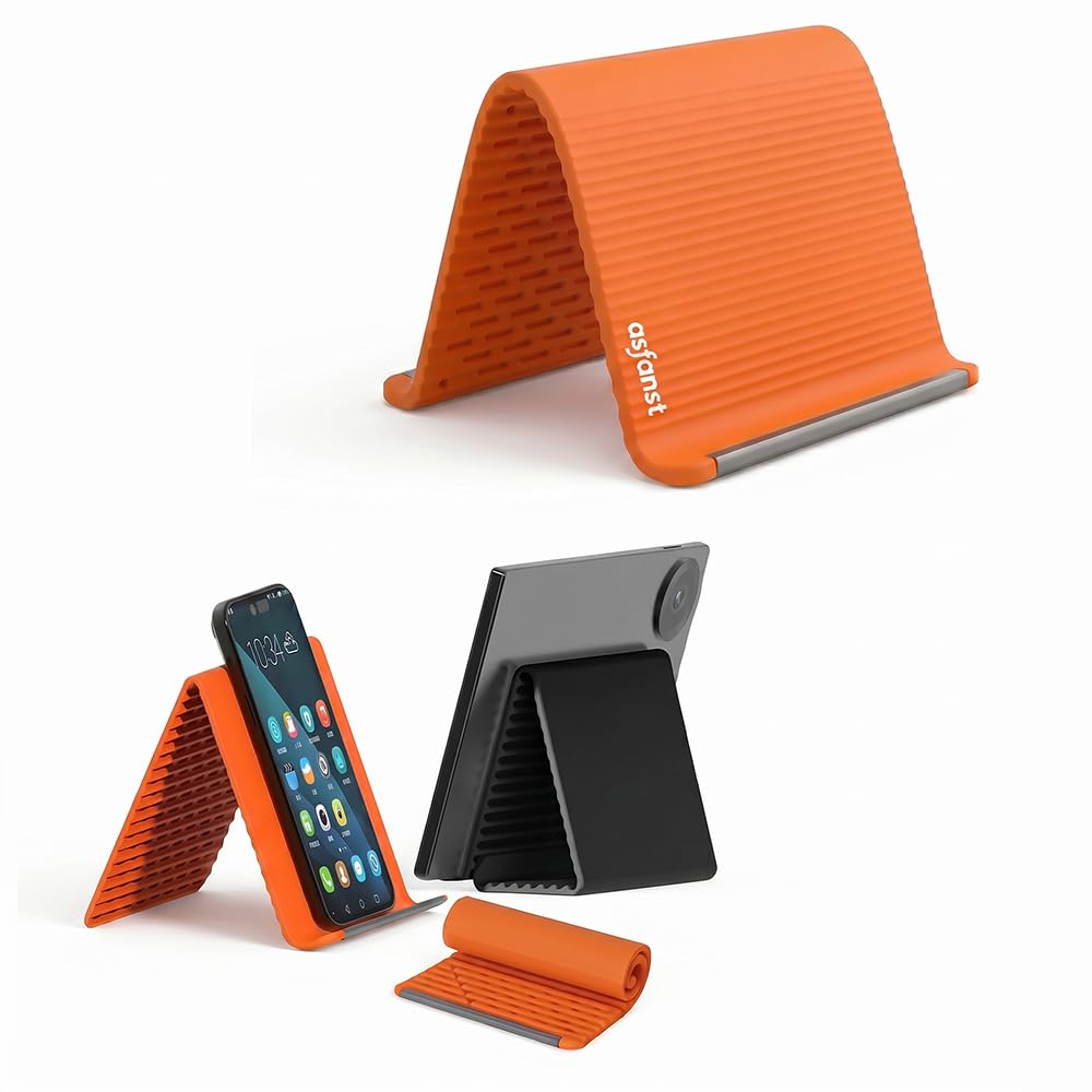 Silicone Phone Stand with Aluminum, Flexible Foldable Phone Holder, Bendable Adjustable Anti-Slip Desktop Stand for Phone Tablet Laptop, Portable Rollable Multi-Angle Stand for Home (Orange)-image-17