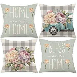 Farmhouse spring summer pillow covers 18×18 set of 4 buffalo plaid flower peony truck bloom pillows decorative quote throw pillows pillowcase decorations farmhouse decor for home decor  urban country home decor