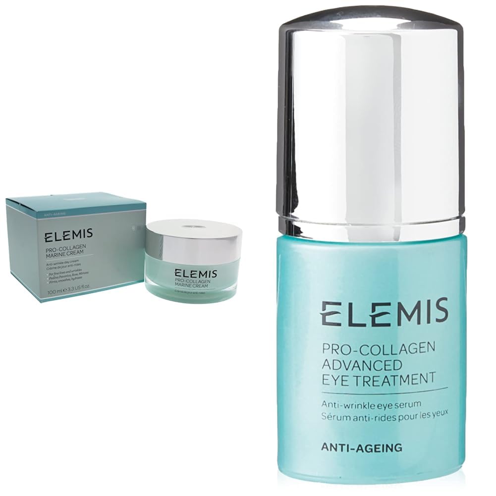 ELEMIS Crème marine pro-collagène, crème visage anti-rides, crème hydratante lissante 3-en-1 + ELEMIS pro-collagène traitement avancé des yeux, crème hydratante pour le contour des yeux