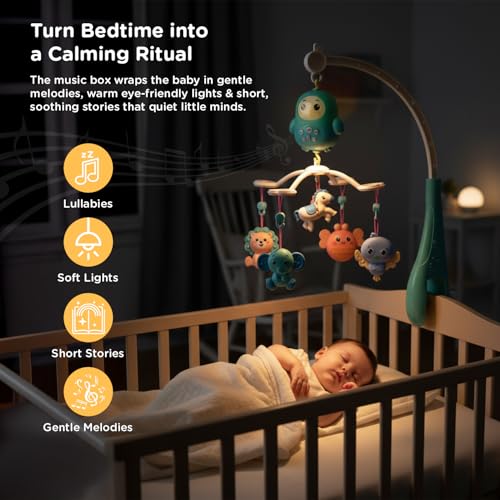 Image of Mee Mee Glow Safari Cot Mobile with Music, Night Projector and Built-in Stories, Remote Control, Detachable Rattles, 360 Rotation, Timer 20 /40 /60 min, Adjustable Volume, BPA-Free, Battery Operated