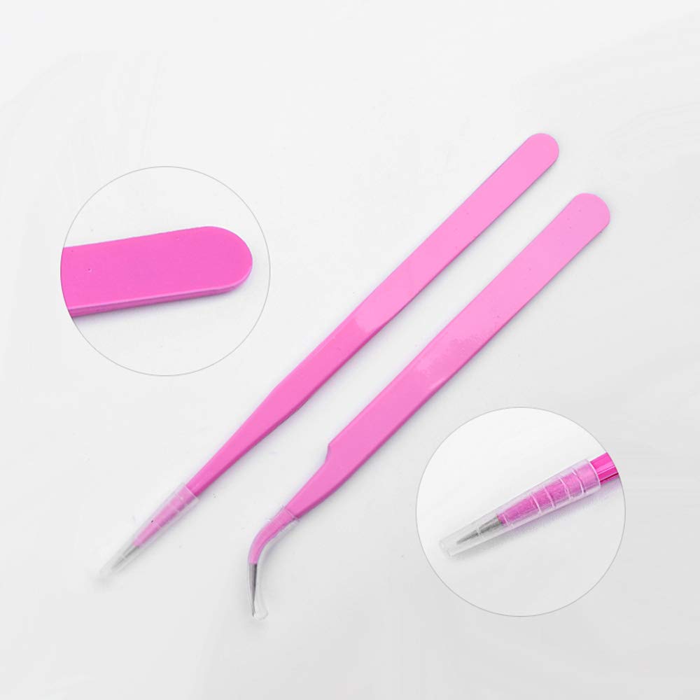 2 Stück Pinzetten-Set – Gebogen & Gerade, Aus Edelstahl, Rosa, Für Nägel & Augenbrauen