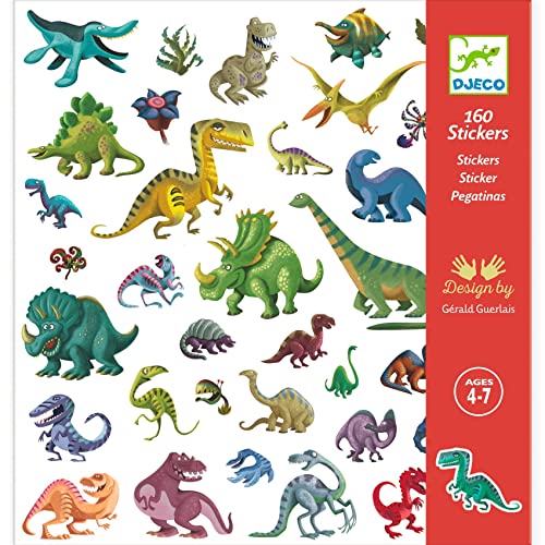 DJECO Lot de Stickers Dinosaures (160 Pièces) - Enfants de 4 à 7 Ans - Loisirs Créatifs et Artistiques - Création Ludique - Lot de 2 Planches...