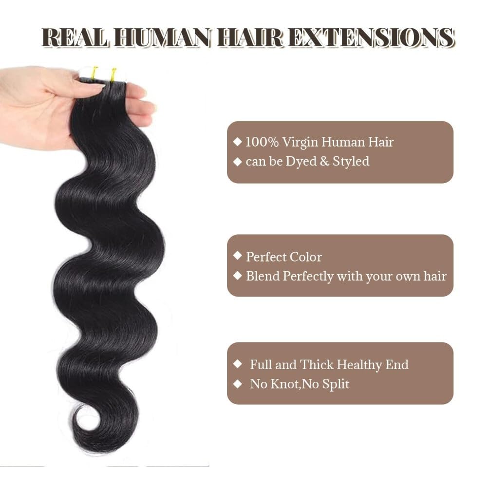 Taśma w rozszerzeniach Taśma doczepiana z włosów Ludzkie włosy, 20 sztuk/50 g 16-26 cali Naturalna czerń Body Wave Doczepy Remy Bezszwowa skóra wątkowa Ins dla kobiet Niewidzialne włosy(24 inches)