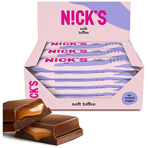 NICKS Soft Toffee Keto Chocolate Bars No Added Sugar 110 Calories, 3.5 Net Carbs, Gluten Free Caramel Sweets Low carb Candy Snack Bar (Multipack 15x28g) Cover