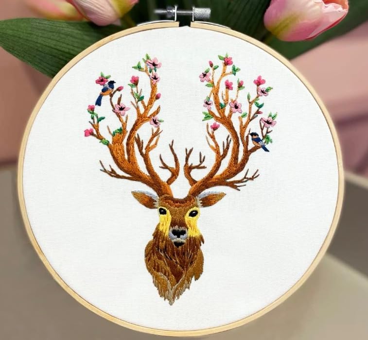 Image of YOUA Deer Embroidery Kit for Adults with Stamped Pattern, Embroidery DIY Crafting,Cross Stitch Beginner Kits with Frame,Embroidery Kit.