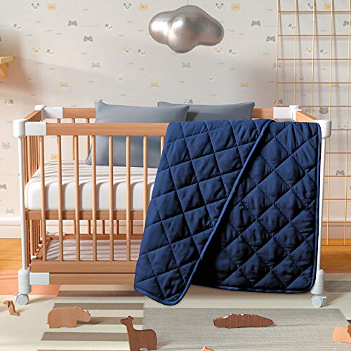 Image of BEDSUM Toddler Comforter, Brushed Microfiber Crib Blanket - All Season Quilted Down Alternative Nursery Bedding - Lightweight Baby Blanket for Stroller & Nap, 39x47, Navy Blue
