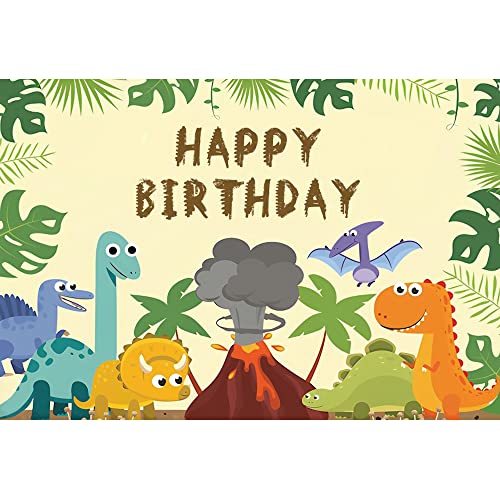 Ttincceer 180x120cm Feliz cumpleaños telón de Fondo de Dibujos Animados Dinosaurio erupción volcánica fotografía Fondo Planta Tropical Hoja de Palma fotografía telón de Fondo bebé Ducha Fiesta Banner