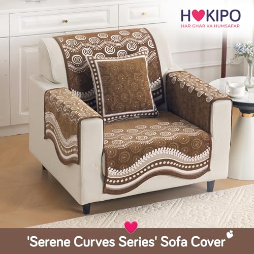 Image of HOKIPO Complete (Seat+Back+Arm) Sofa Mat Set for 1 Seater Sofa |Premium Chenille Sofa Covers with Curve Edges, 'Serene Curves Series' - Flowy Swirl (IN-993+1002+1001 * 2 - D1)