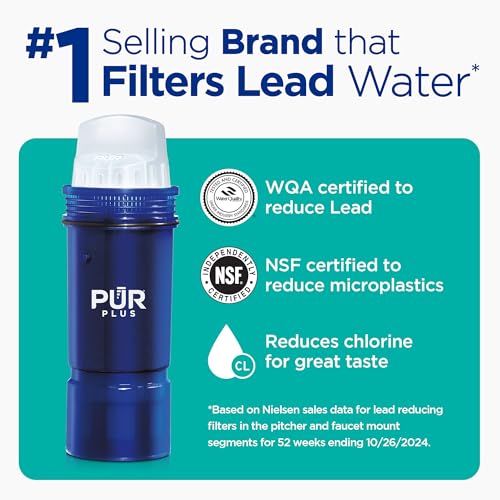 PUR Plus 7-Cup Water Filter Pitcher for Fridge, Cleaner, Great-tasting Water, Dishwasher Safe, Powerful Filtration, Change Light Indicator, LockFit Cap Design, White