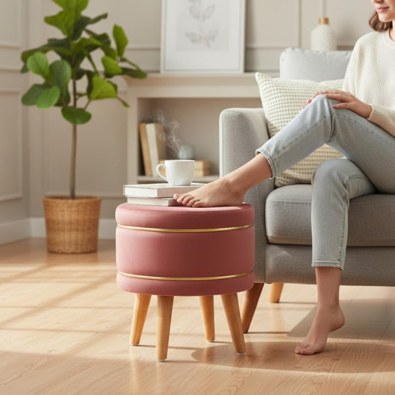 Image of Ottoman Stool for Living Room Foot Rest | Velvet Small Ottoman Foot Stool | Solid Wood Legs | Footstool Puffy for Home, Bedroom & Makeup Table | 16x16x18 Inch, Set of 2 (Gajri)