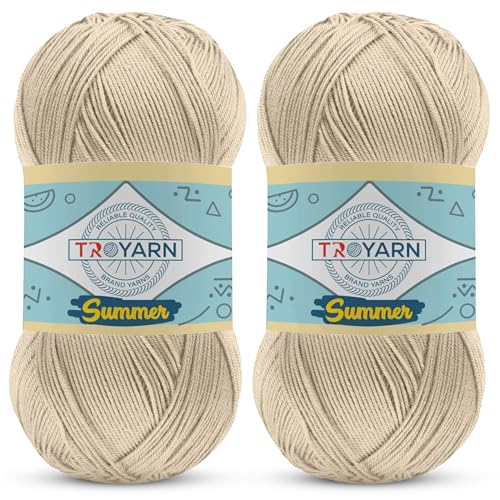 Image of TROYARN Summer (2- Skeins Pack) Silk Effect Hand Knitting Yarn Crochet Art Lace Craft 100% Microfiber Acrylic 2x100 gr (2x383 yds) (105368 - Beige Canvas)
