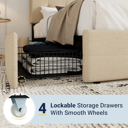 Allewie Upholstered Full Size Platform Bed Frame with 4 Storage Drawers and Headboard, Square Stitched Button Tufted, Mattress Foundation with Wooden Slats Support, No Box Spring Needed, Beige