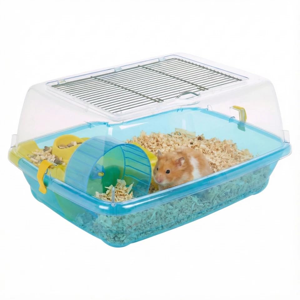 URBNLIVING Small Animal Cage for Hamsters & Guinea Pigs – Pet Terrarium, Playhouse, Hutch, and Enclosure with Accessories, Gerbil, Exercise Wheel & Food Dish (Blue)