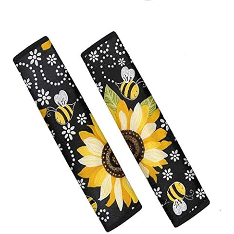 Dolyues Cute Striped Bee Sunflower Auto Seat Belt Pads for Kids Women Adults, All Season Universal, Car Seatbelt Strap Cover Harness Pads Black, Comfortable for Driving/Travling Cover